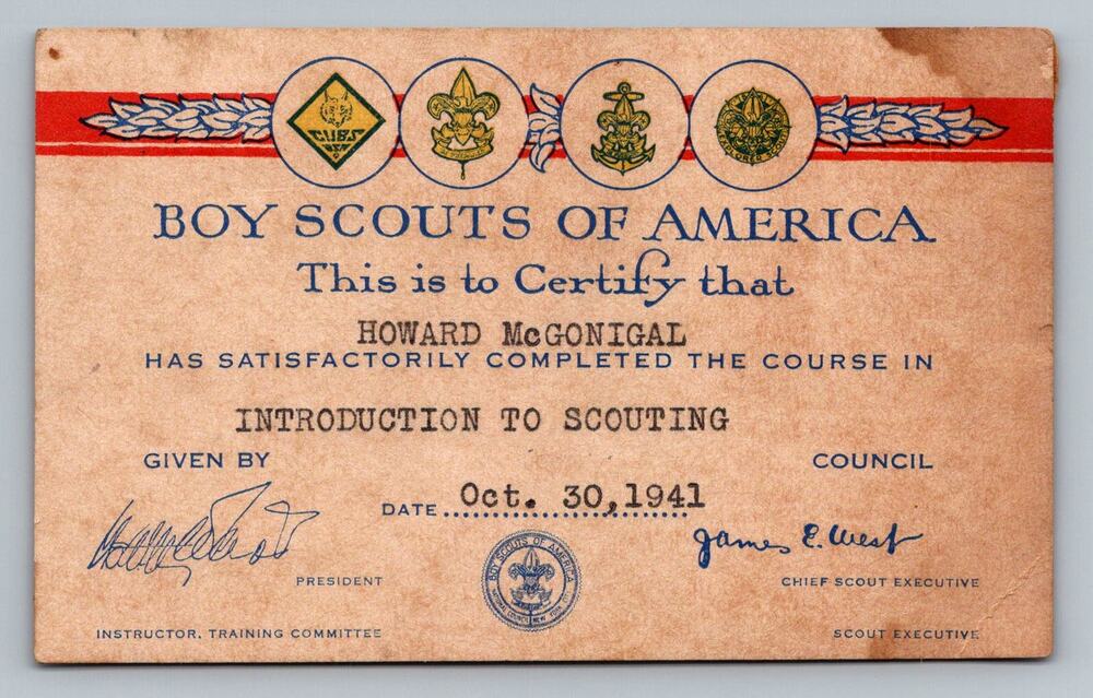 1941 Boy Scouts of America Introduction To Scouting Award Member Card Vintage